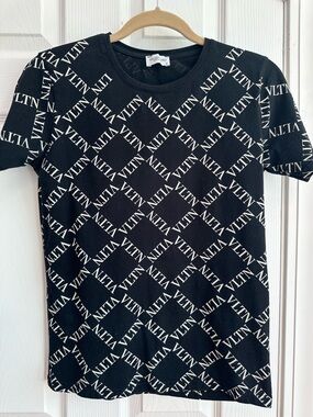 Black Cotton T-Shirt with Allover White VLTN Print Size S